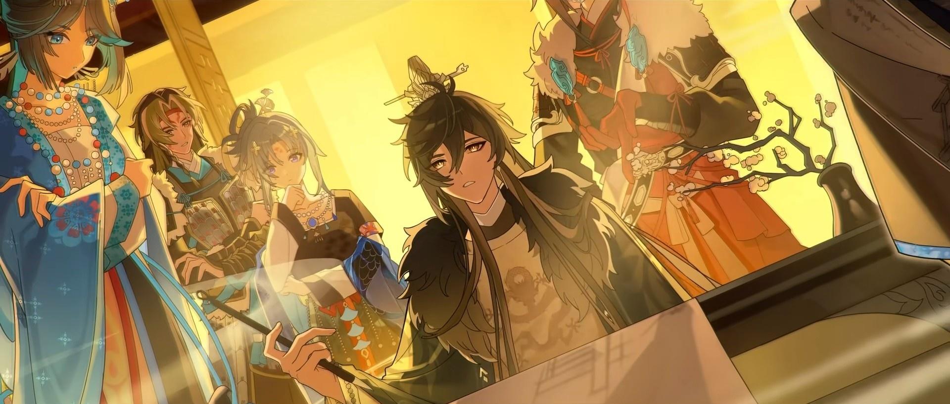 From left to right are the Anemo Archon, the Geo Archon, the Hydro Archon, and the Geo Archon.