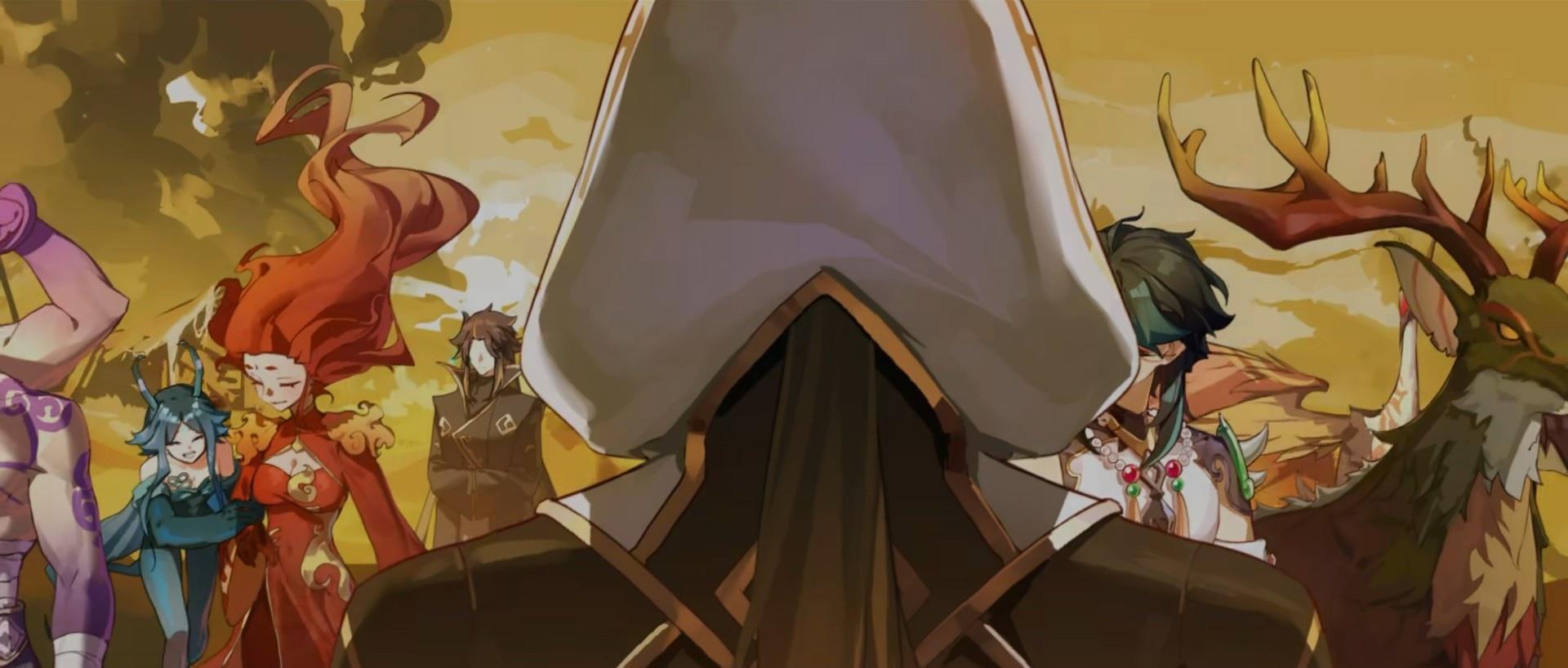 Except for the Archon, from left to right are Fusheng, Fan Nan, Ying Da, Mi Nu, Xiao, the Hydro Archon, and the Geo Archon.