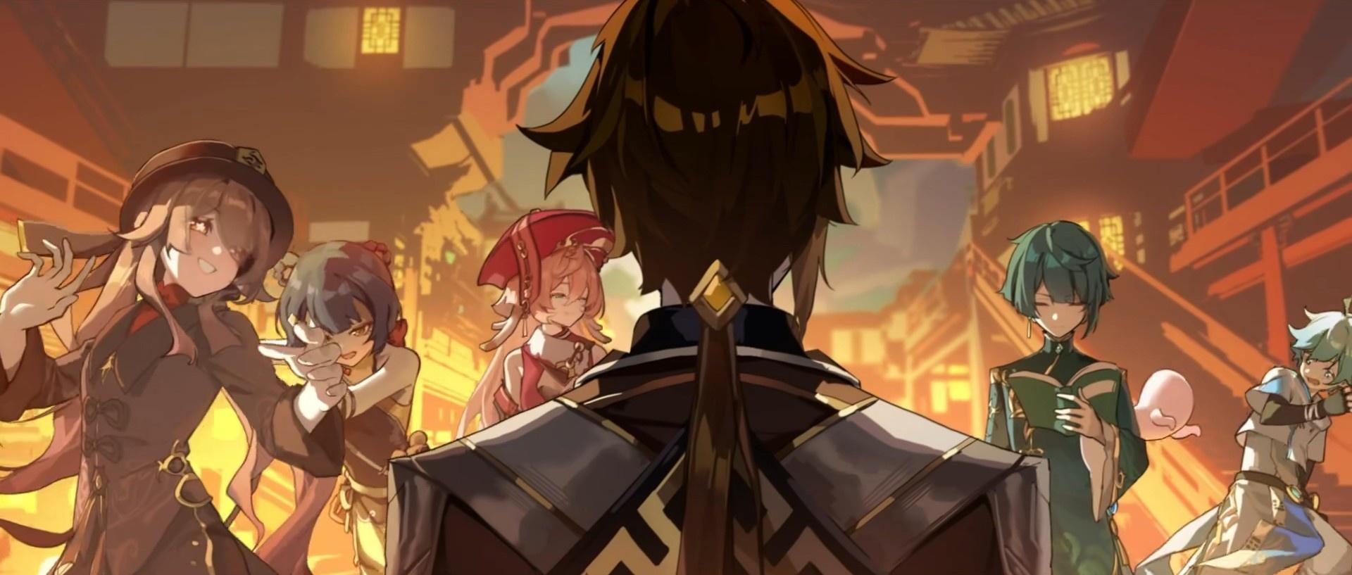 Except for the Archon, from left to right are Hu Tao, Xiangling, Yanfei, Xingqiu, and Chongyun.